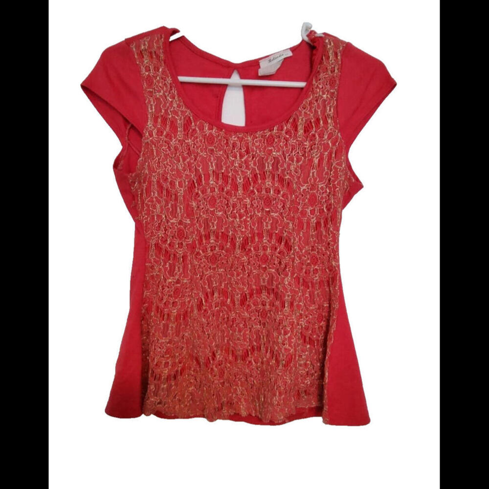 Belinda Coral Pink T-Shirt Gold Embroidered Front Open Back S/M